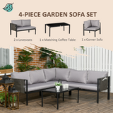 Outsunny 4-Piece Garden Furniture Set with Two Loveseats, Corner Seat & Glass-Top Table – Steel Frame, Light Grey