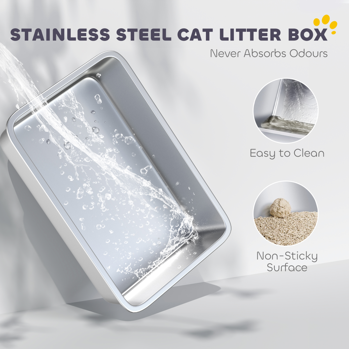XXL Stainless Steel Cat Litter Box with Scoop, 14.8cm High Sides – Large Litter Tray for Cats up to 12kg & Multi-Cat Homes, Grey
