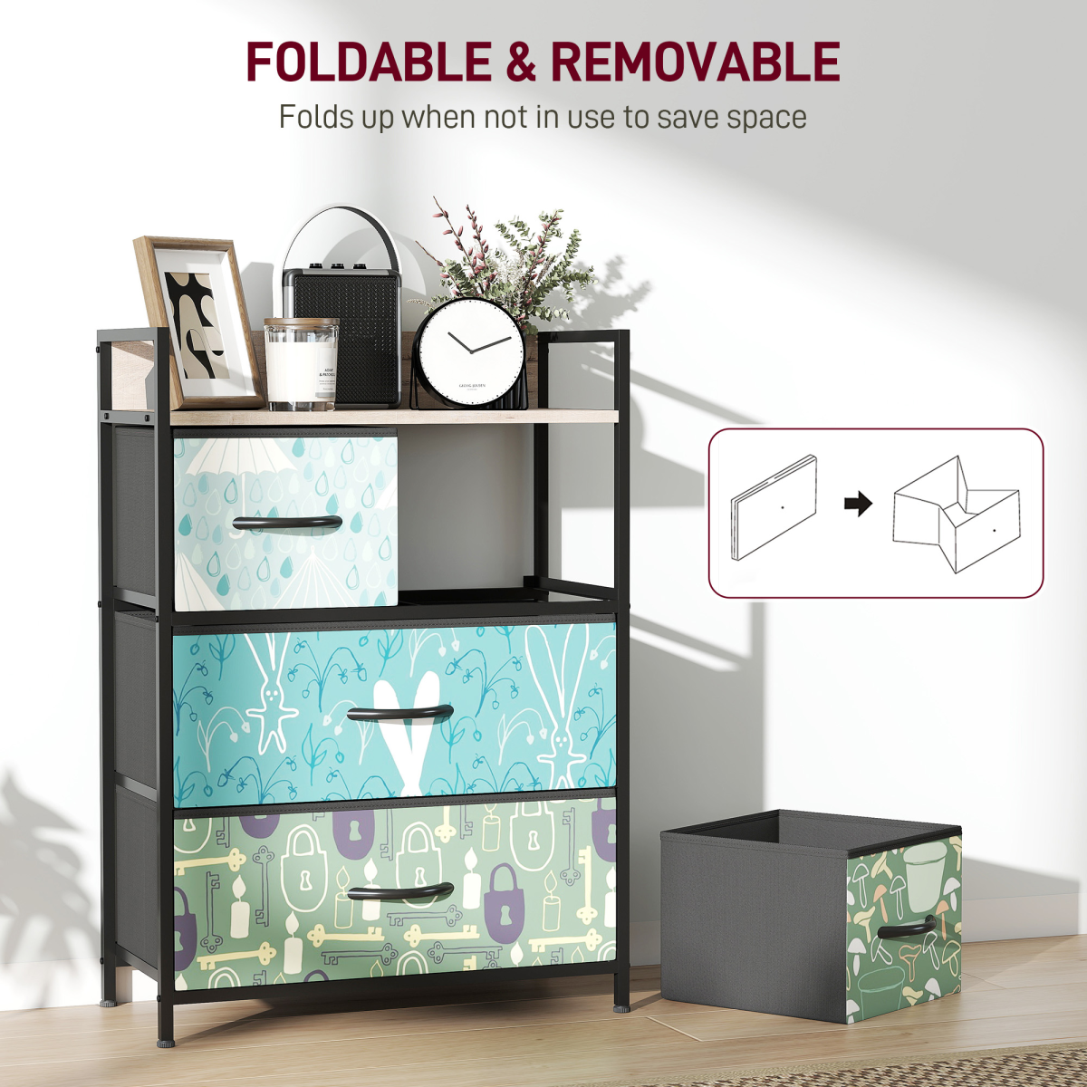 4-Drawer Storage Cabinet with Patterned Drawer Fronts – Decorative Storage for Living Room & Hallway