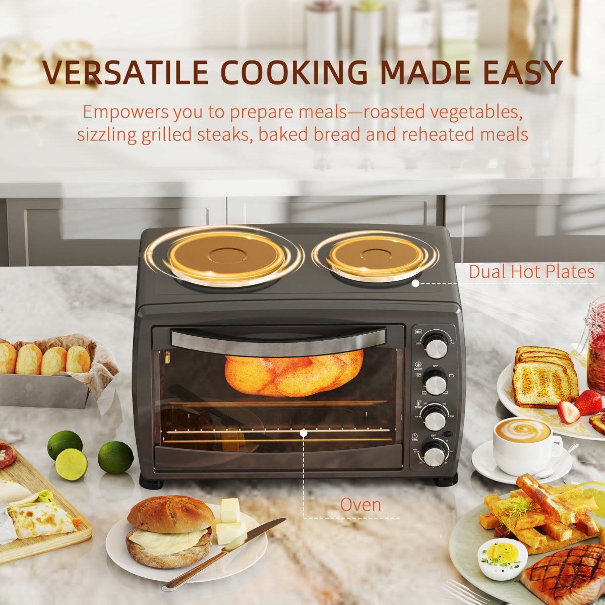 HOMCOM 36L Countertop Toaster Oven with 2 Hot Plates – Grill, Roast & Bake, Mini Kitchen Cooker