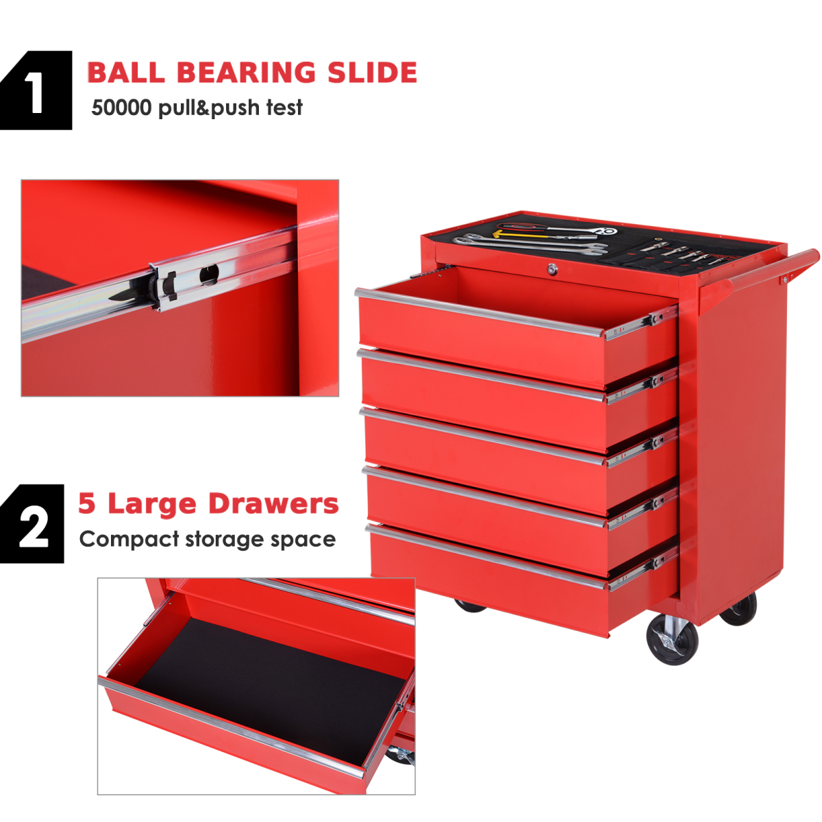 5-Drawer Steel Rolling Tool Cabinet with Castors – Workshop & Garage Storage, Red