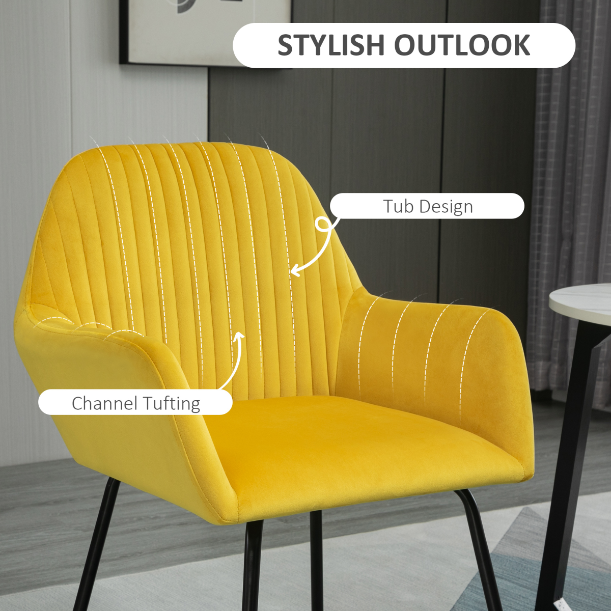 HOMCOM Modern Accent Chair with Velvet-Feel Upholstery and Metal Base – Living Room Lounge Armchair, Yellow