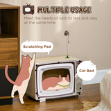 PawHut TV-Shaped Cardboard Cat House with Scratcher, Catnip and Toy Rat – 2-in-1 Cat Scratching Board