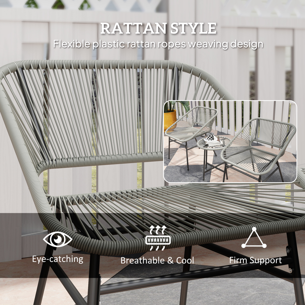 Outsunny 3-Piece Rattan Bistro Set with Cushions & Tempered Glass Table – Balcony Patio Furniture, Light Grey