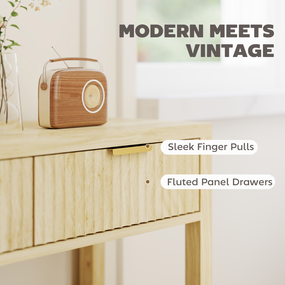 HOMCOM Narrow Console Table with 2 Fluted Drawers & Open Shelf – Slim Hallway Table, Natural