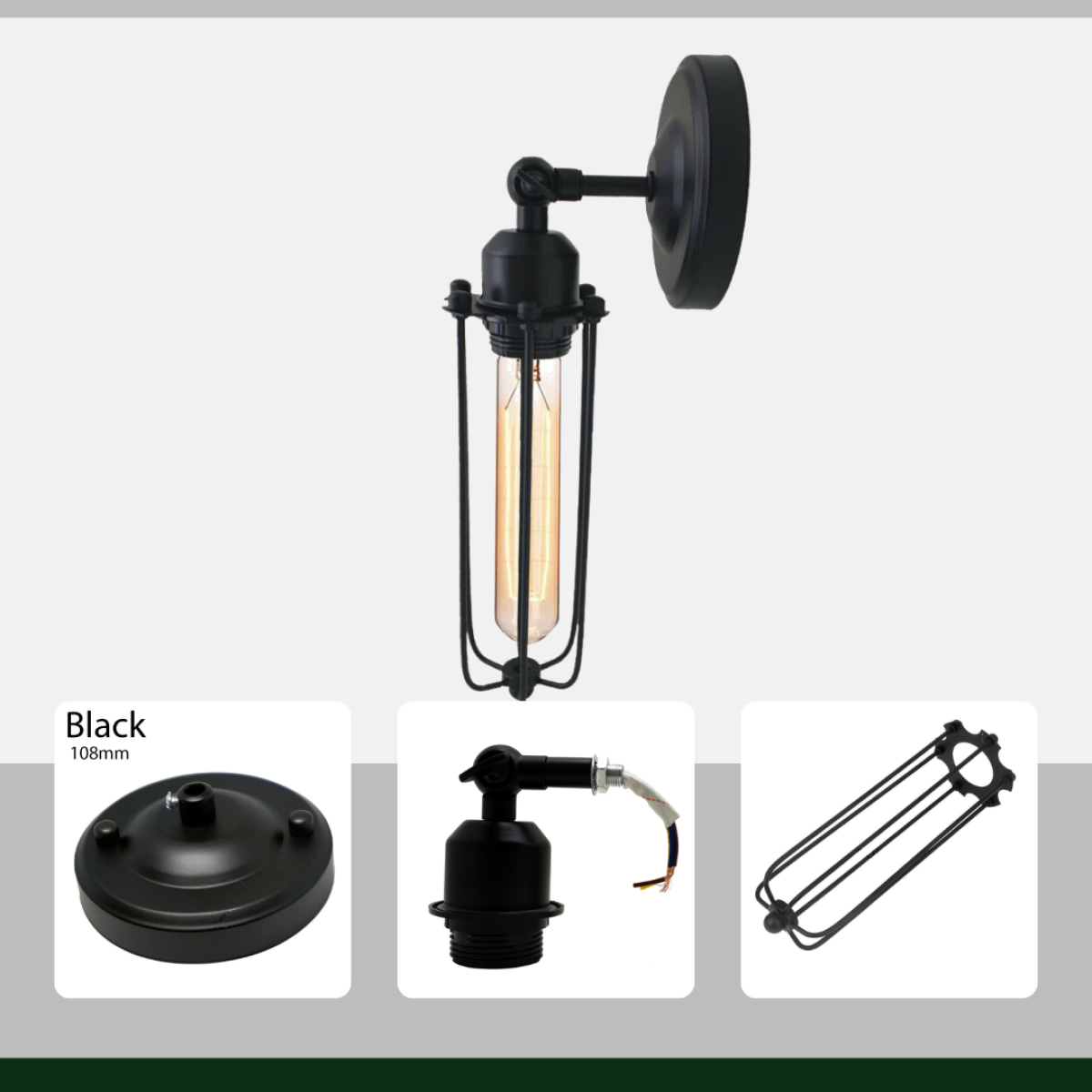 LEDSone Industrial Long Cage Wall Light with Adjustable Arm & E27 Holder – Matte Black Metal Wire Sconce