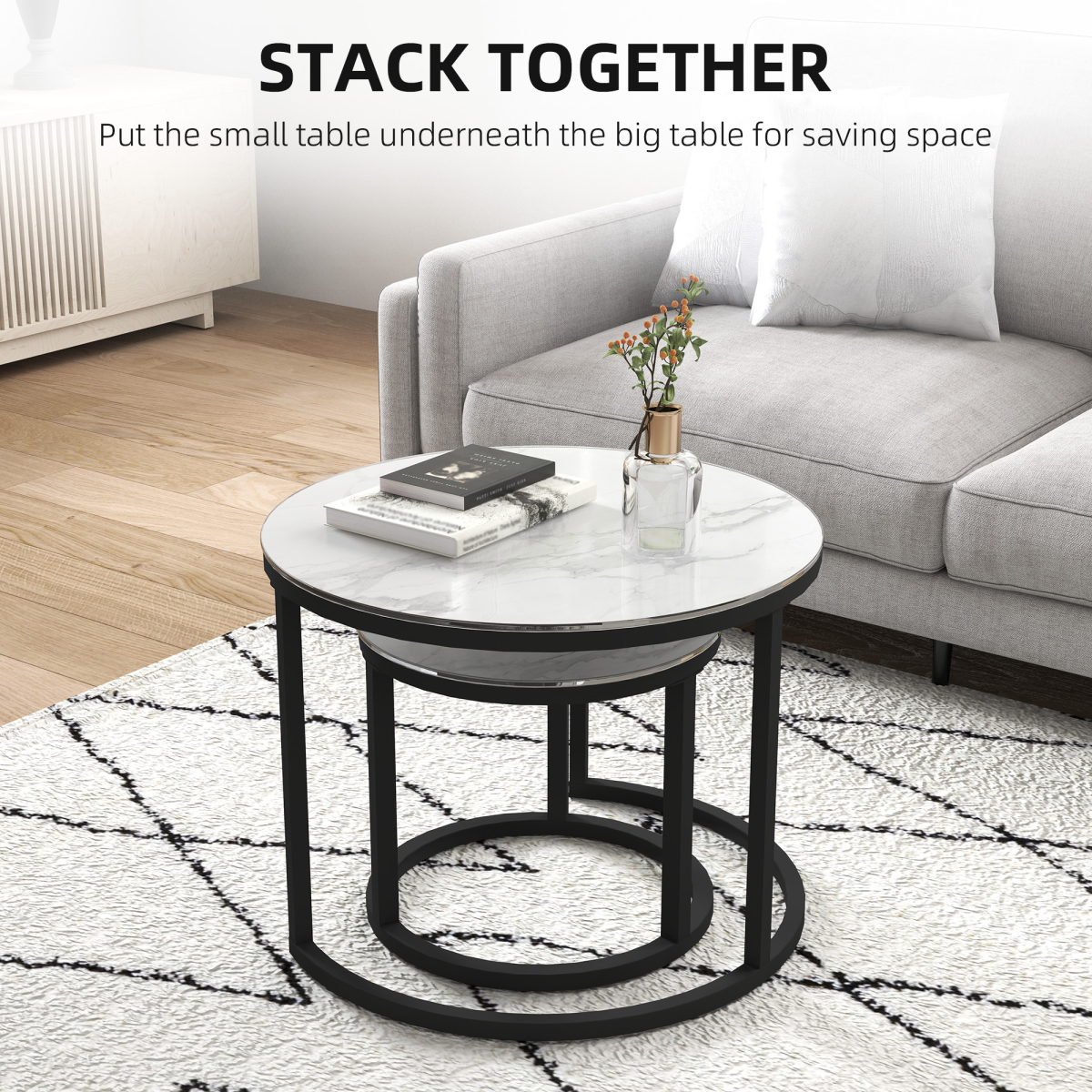 HOMCOM Glass Coffee Table Set of 2 with Marble-Effect Tempered Glass Tops – Round Nest of Tables, White, Black