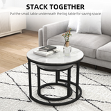 HOMCOM Glass Coffee Table Set of 2 with Marble-Effect Tempered Glass Tops – Round Nest of Tables, White, Black