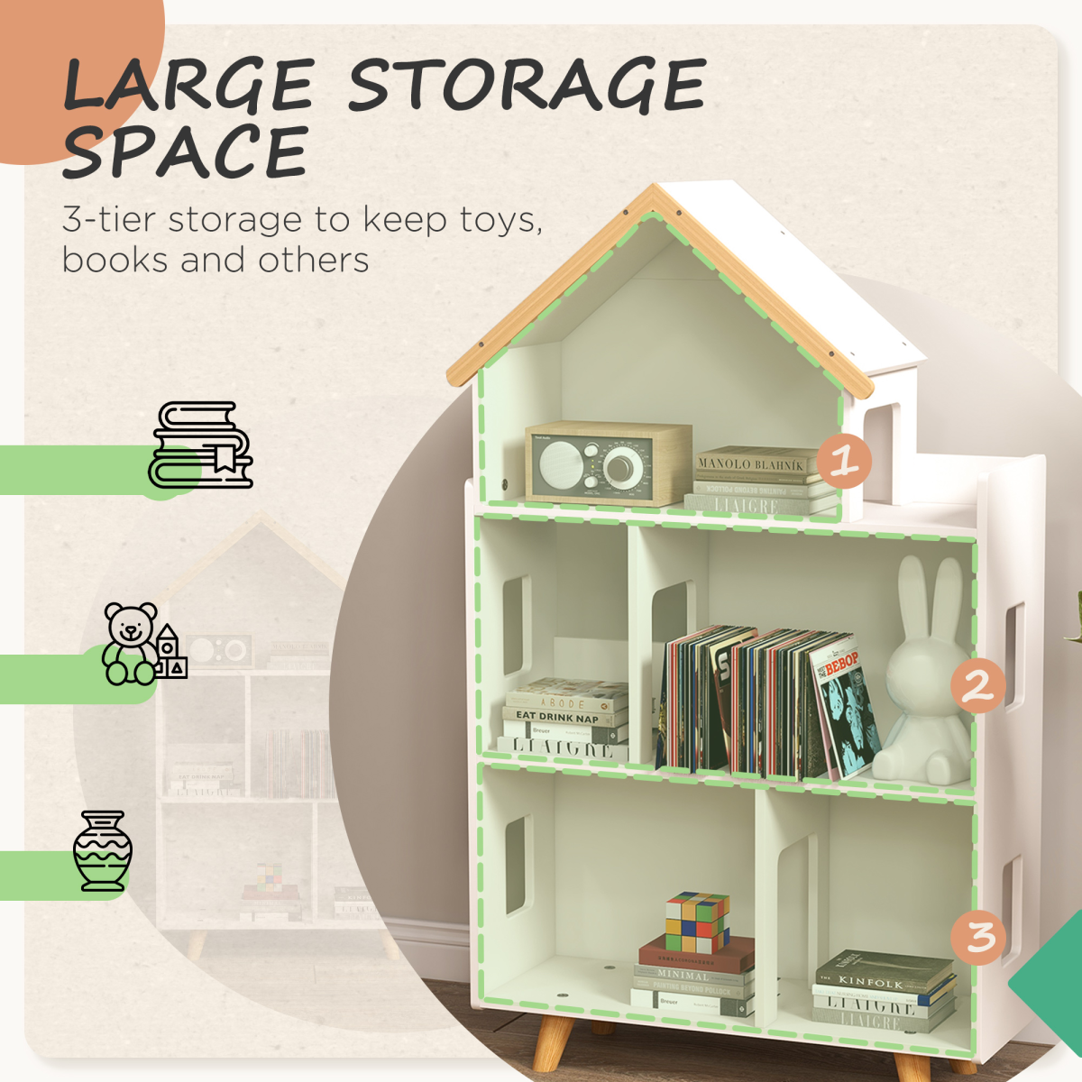 ZONEKIZ 3 Tier Kids Toy Storage Shelf with 6 Cubbies and Solid Wood Feet for Playroom or Bedroom, White