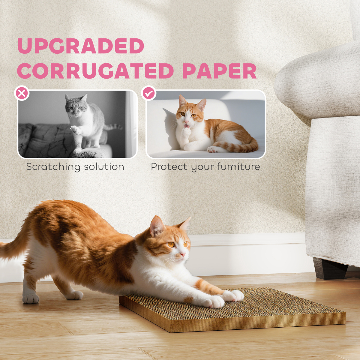 PawHut 2-in-1 Cat Scratching Board House with 4 Paw-Shaped Vents & Cat Grass – Cardboard Cat Bed, Pink