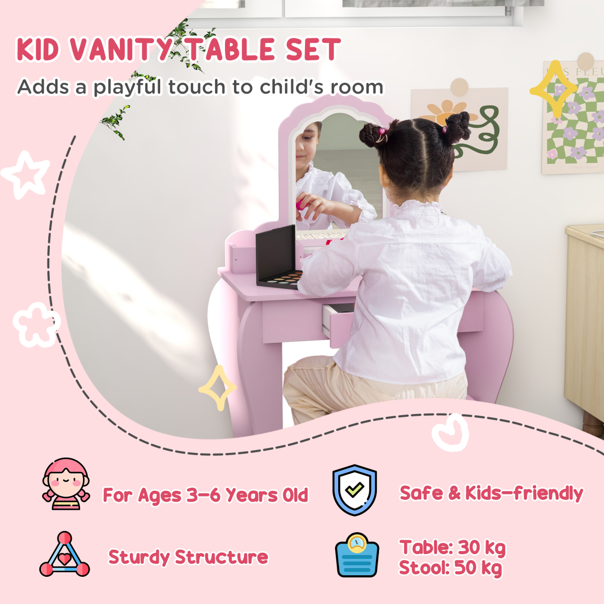 ZONEKIZ Kids Dressing Table with Cloud Design, Mirror, Stool, Drawer and Storage Boxes – Pink
