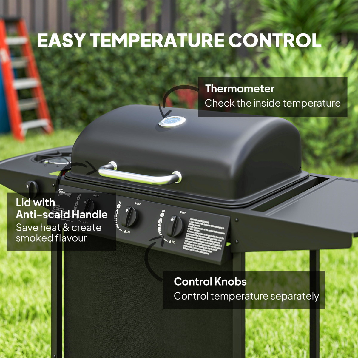 Outsunny 4 Burner Gas Barbecue Grill with Lid, Side Burner and Storage Shelves – Portable Garden BBQ, Black