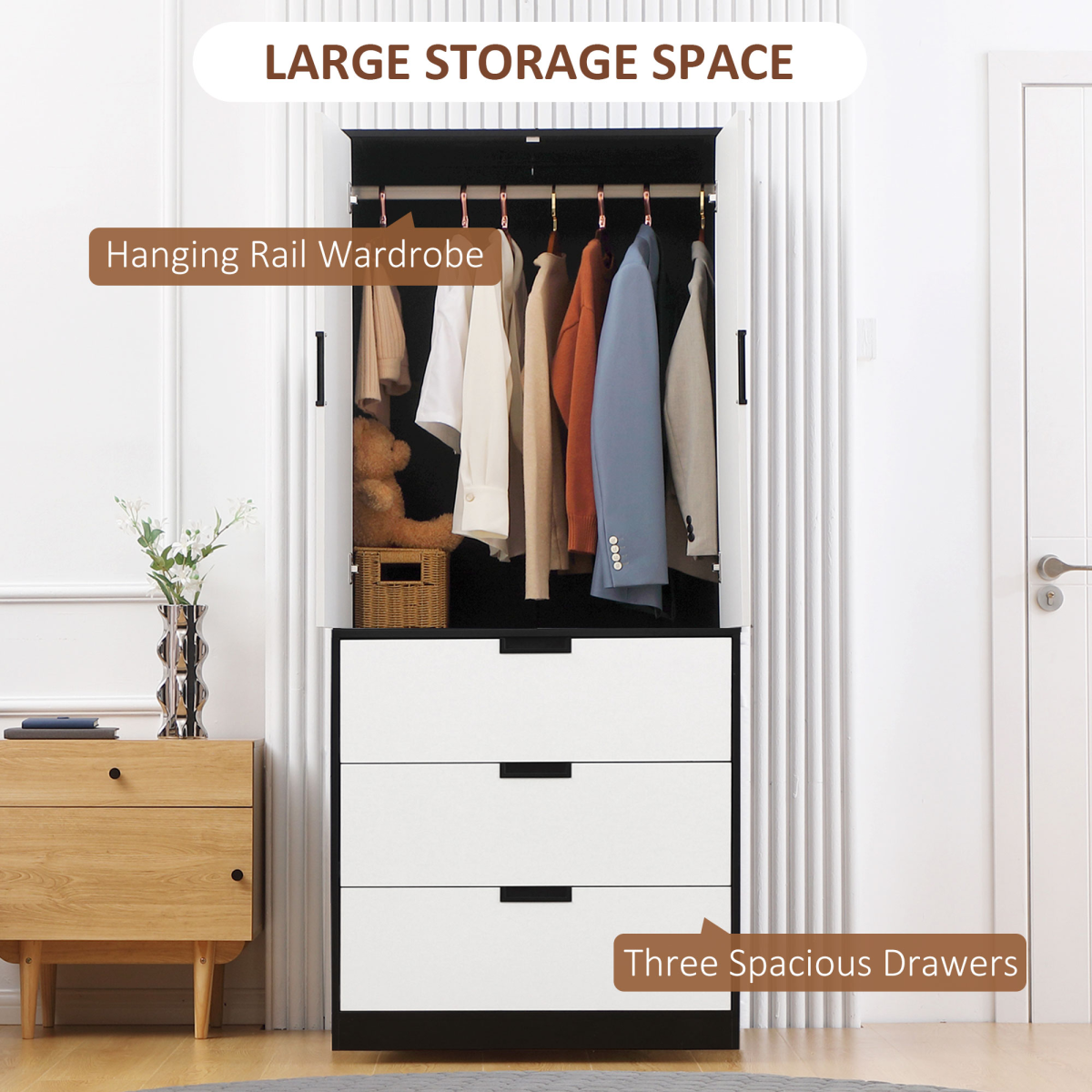 HOMCOM Modern 2 Door Wardrobe with 3 Drawers & Hanging Rod – Bedroom Clothes Storage, White