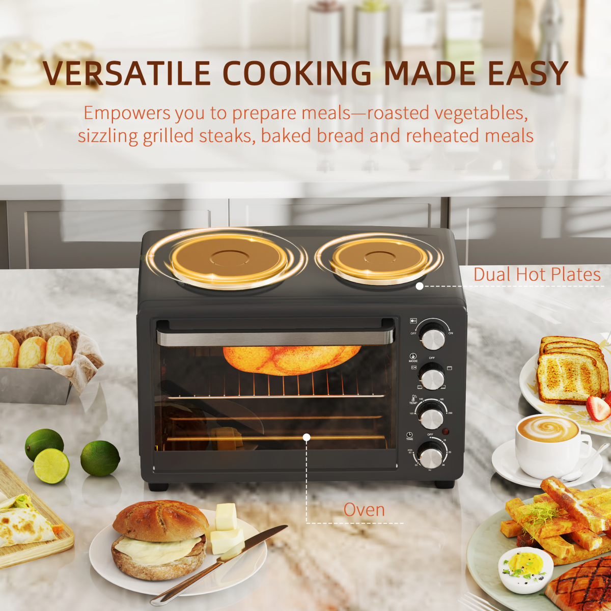 HOMCOM 28L Countertop Toaster Oven with 2 Hot Plates – Grill, Roast & Bake, 2600W