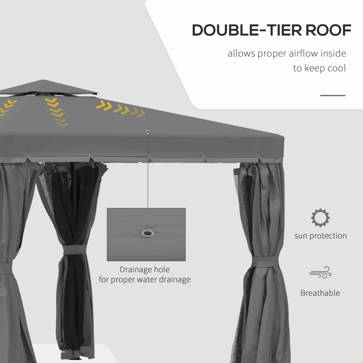 Outsunny 3x3m Gazebo with 2-Tier Roof, Mosquito Net & 4 Curtains – Garden Canopy, Dark Grey