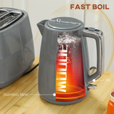 HOMCOM 1.7L Fast Boil Kettle & 2-Slice Toaster Set with Reheat, Defrost & Cancel – Breakfast Duo, Grey