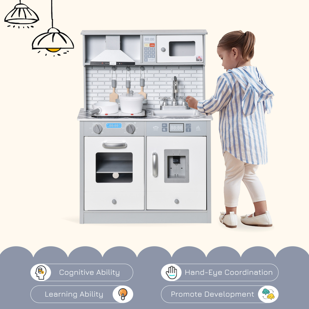 HOMCOM Kids Wooden Play Kitchen with Sink, Microwave, Light & Sound Effects – Pretend Cooking Playset for Ages 3-6