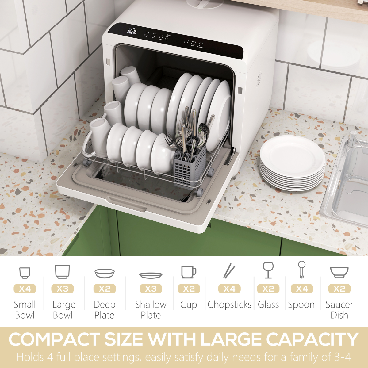 HOMCOM Tabletop Dishwasher – 4 Place Settings, 6 Programmes, Fruit & Veg Wash, Compact for Small Kitchens