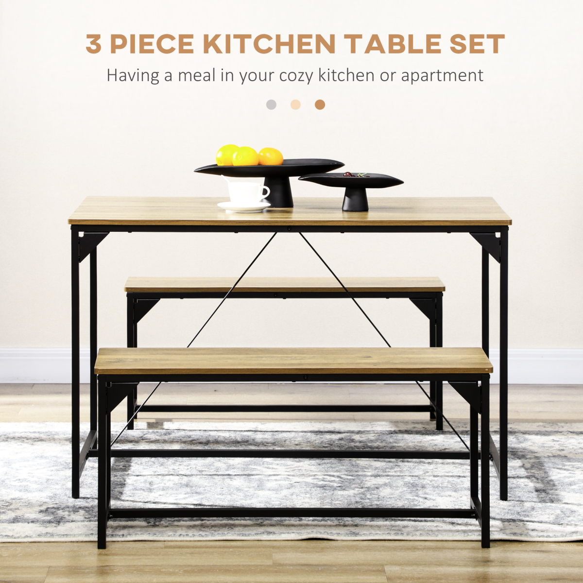 HOMCOM Modern Dining Table & 2 Benches Set for 4 – Space-Saving Three-Piece Kitchen Set