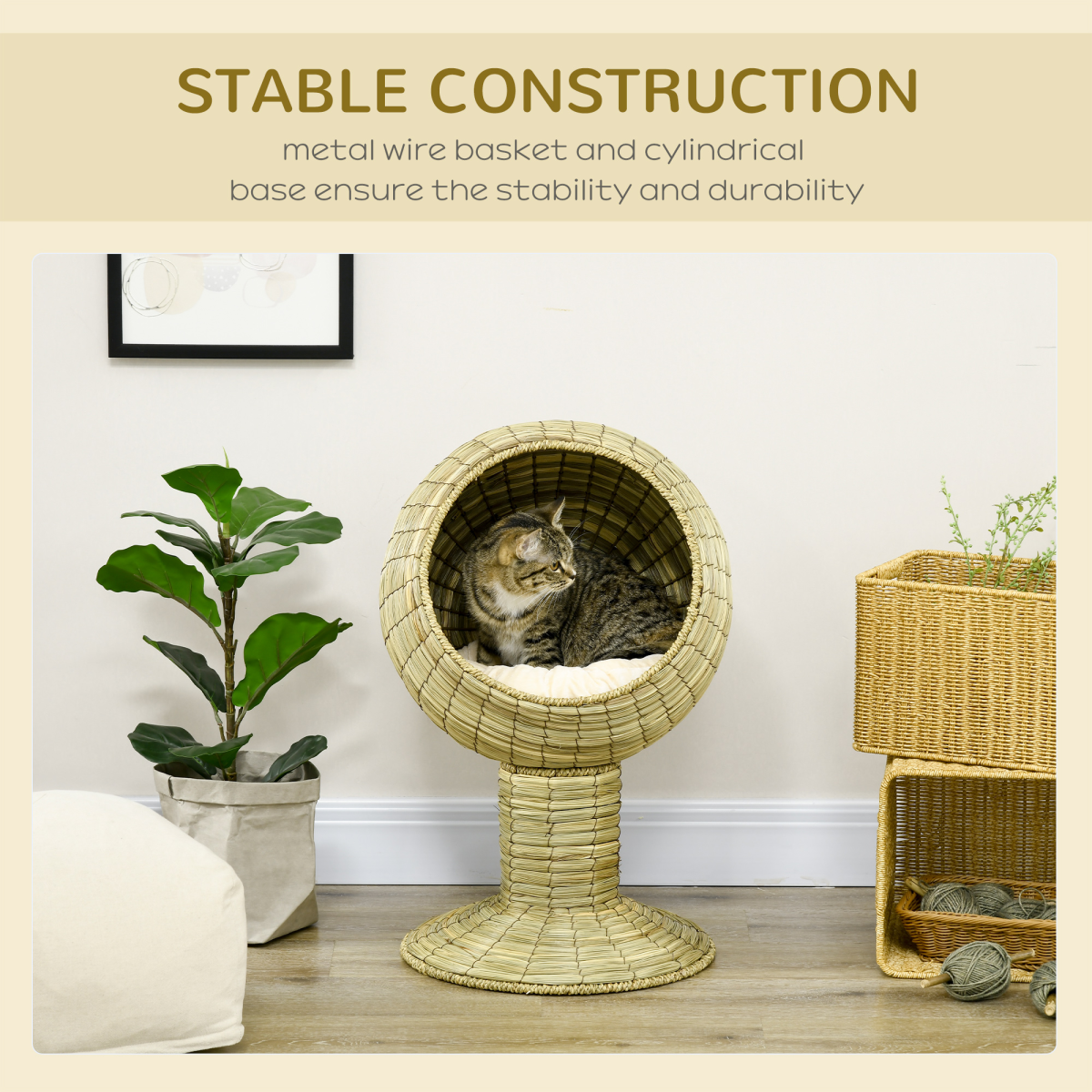 PawHut Raised Cat House with Natural Mat Grass Basket, Cushion and Stand – Detachable Cat Bed, 41 x 69 cm