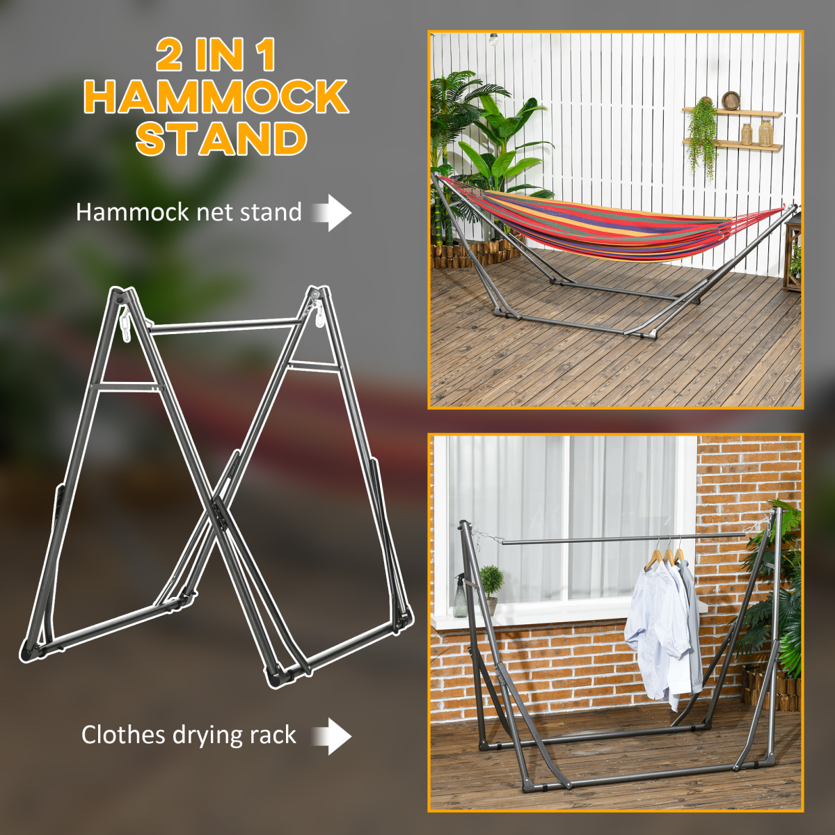 Outsunny Foldable 2-in-1 Hammock Stand & Clothes Drying Rack with Steel Frame – Fits Hammocks up to 290cm