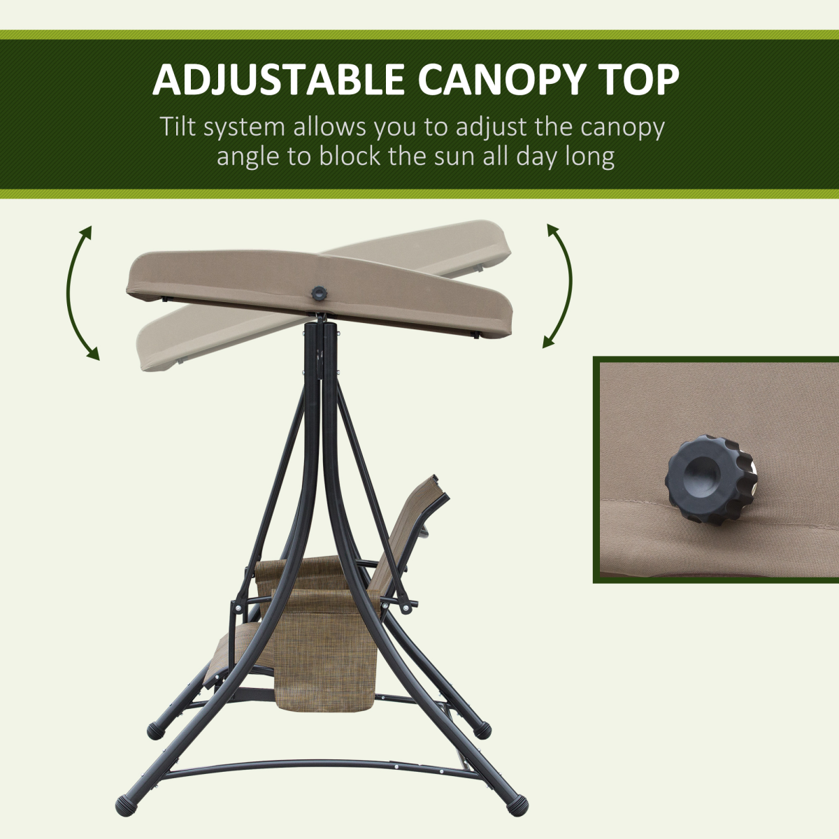 Outsunny 3 Person High Back Garden Swing Chair with Adjustable Canopy & Side Pouches – Outdoor Seat, Brown