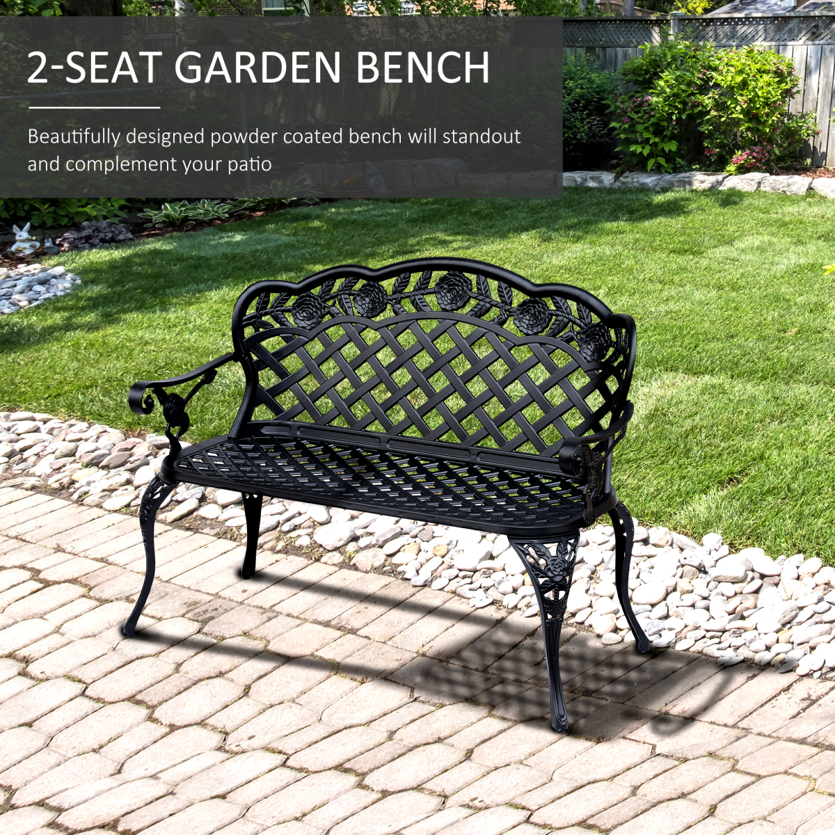 Outsunny Cast Aluminium Garden Bench – Antique-Style Outdoor Seat with Floral Scroll Back, Black