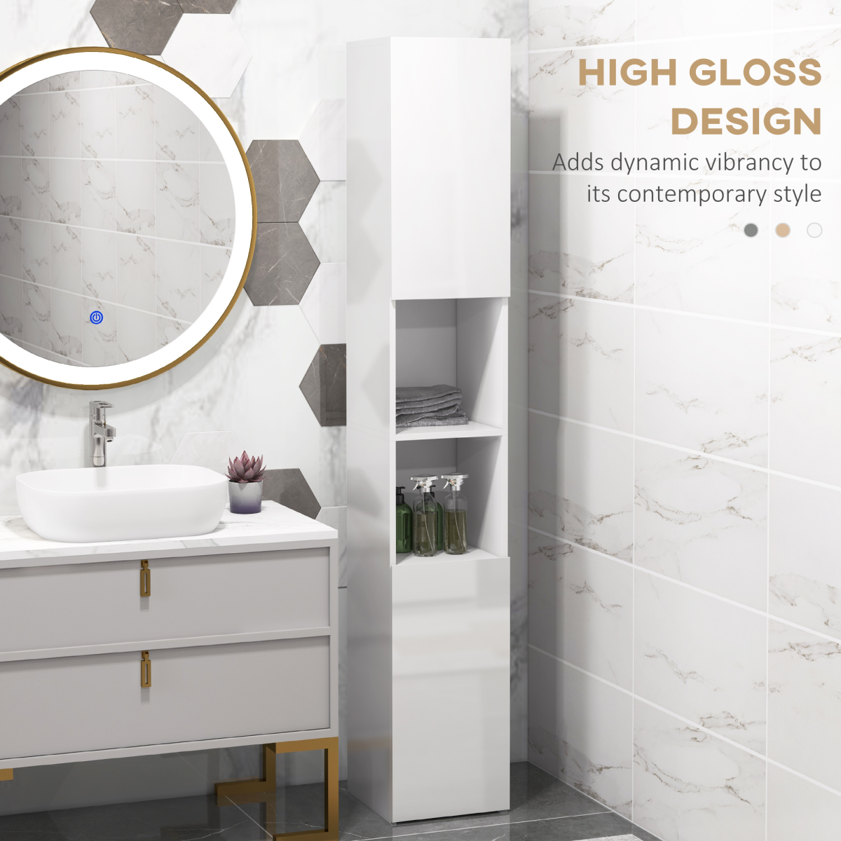kleankin High Gloss Bathroom Floor Cabinet with Doors & Open Shelves – Freestanding Storage