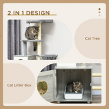 PawHut Cat Litter Box Enclosure with Cat House, Bed, Scratching Posts and Platform – 2-in-1 Cat Tree, Grey
