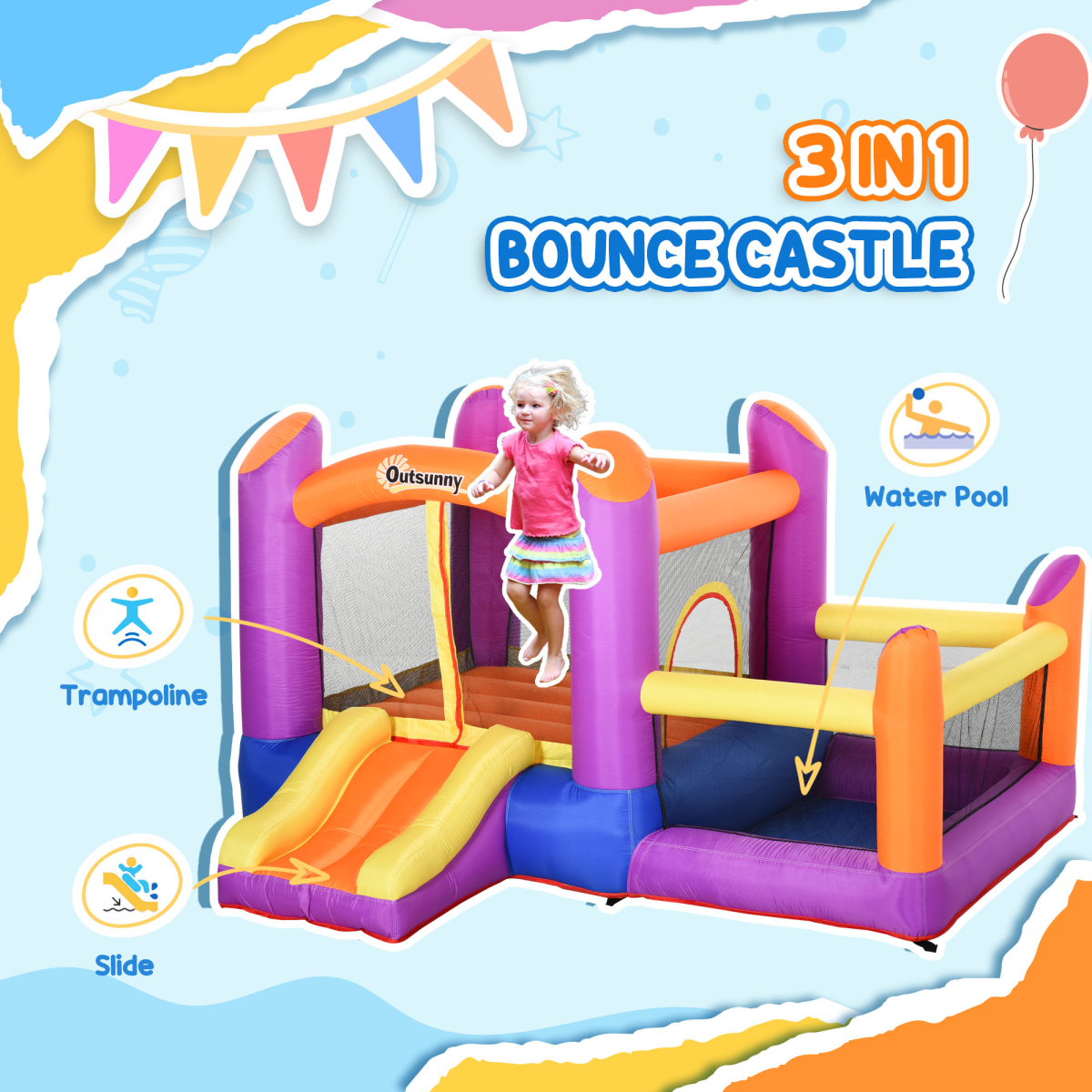 Outsunny Inflatable Bouncy Castle with Slide, Pool & Trampoline, Includes Blower – Kids Garden Play, Multi-Colour