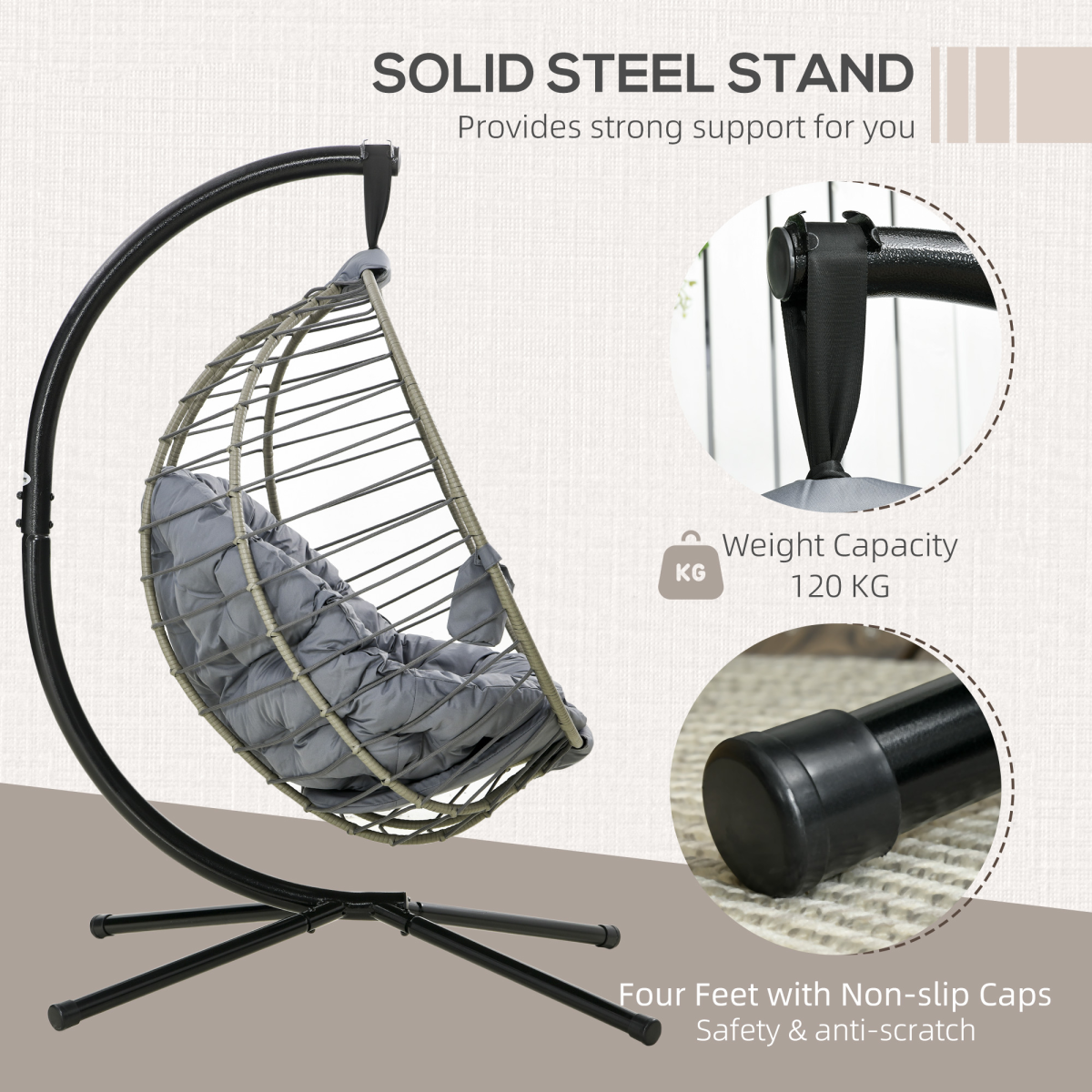 Outsunny PE Rattan Hanging Swing Chair with Stand, Padded Cushion & Cup Holder – Foldable Egg Chair, Grey