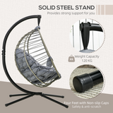 Outsunny PE Rattan Hanging Swing Chair with Stand, Padded Cushion & Cup Holder – Foldable Egg Chair, Grey