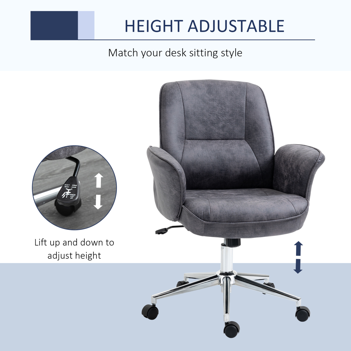 Vinsetto Retro Mid-Back Office Chair with Curved Armrests, Microfibre Leather – Swivel Desk Chair, Deep Grey