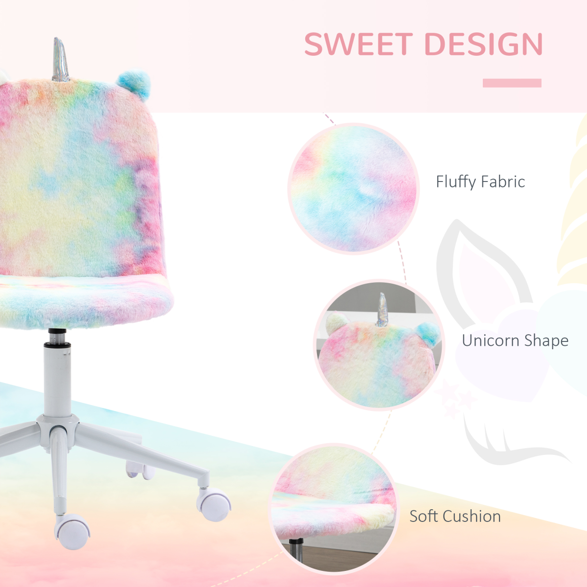 Vinsetto Fluffy Unicorn Office Chair with Ears & Silver Horn, Height Adjustable – Rainbow Kids & Teens Swivel Desk Chair