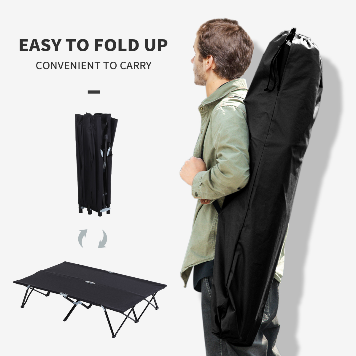Outsunny Double Folding Camping Cot with Steel Frame & Carry Bag – Portable Two-Person Sleeping Bed, Black