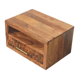 Artisan Furniture Solid Wood Arno Wall-Mounted Nightstand with Carved Drawer and Open Shelf – Golden Teak