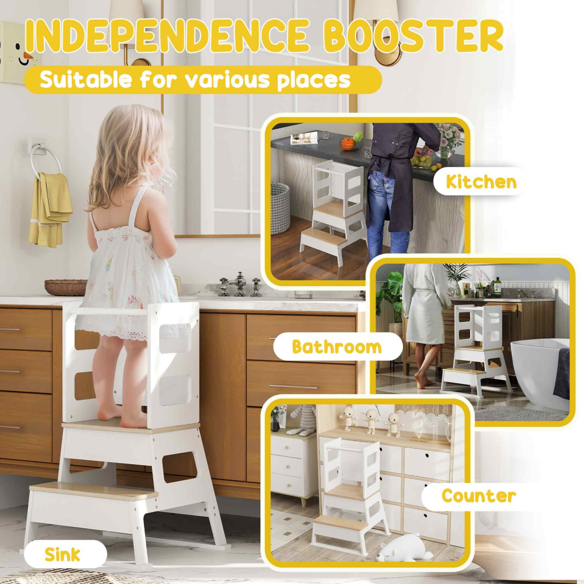 AIYAPLAY 2 in 1 Toddler Tower with Chalkboard & Safety Rail – Kitchen Helper Step Stool, White and Natural Wood