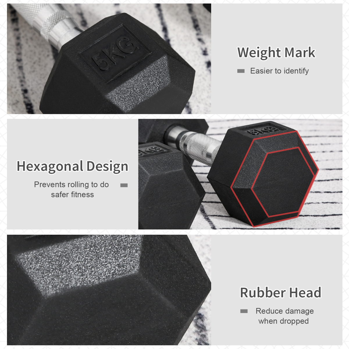 HOMCOM Hexagonal Dumbbell Set, 2 x 5kg with Knurled Handles – Anti-Roll Hand Weights for Home Gym Training