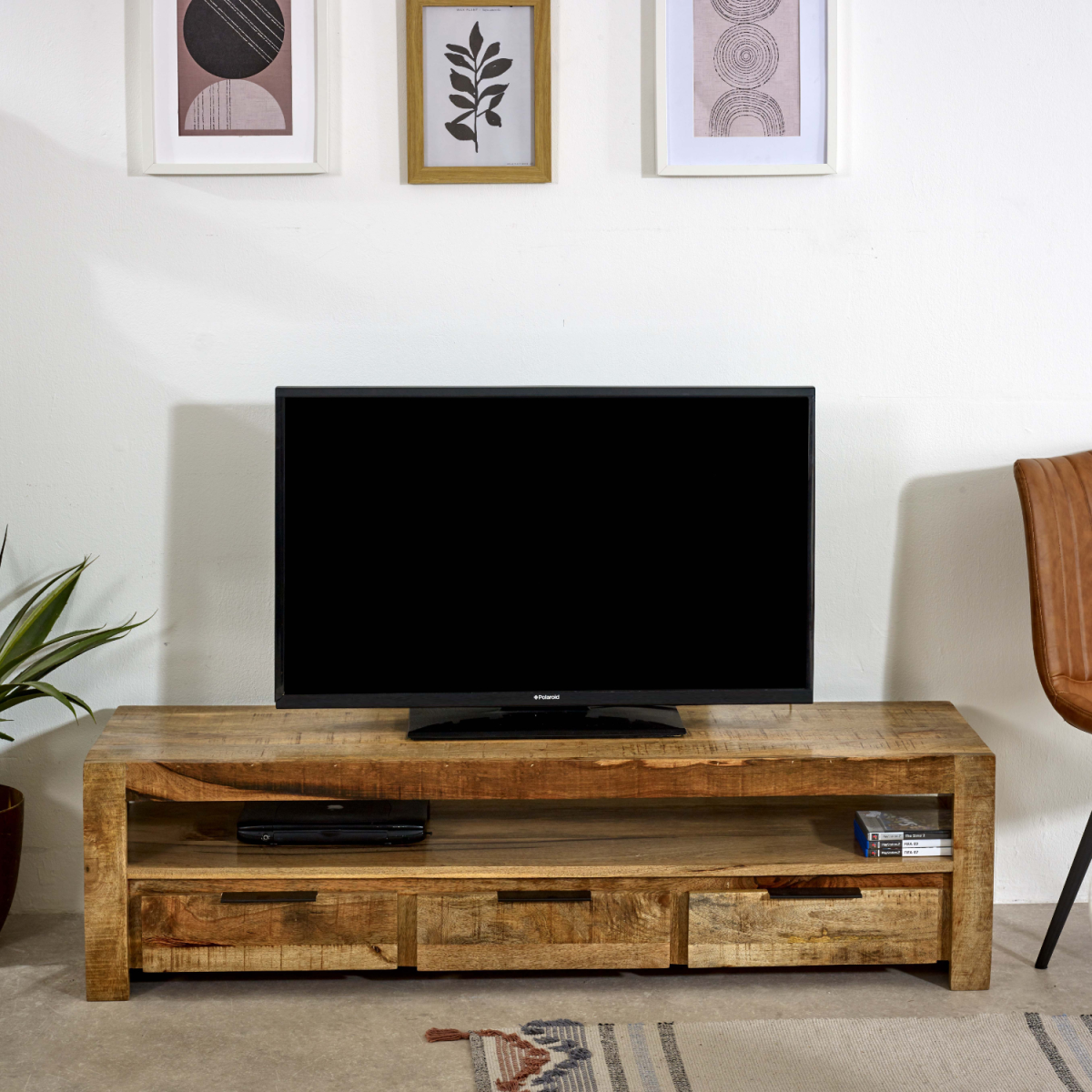 Surrey Solid Mango Wood Large TV Unit with 3 Drawers – Handmade Media Storage, Natural Finish