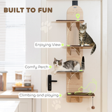 PawHut 4-Level Door Mounted Cat Tree with Plush Pads & Toy Ball – Space-Saving Cat Climbing Shelves, Oak