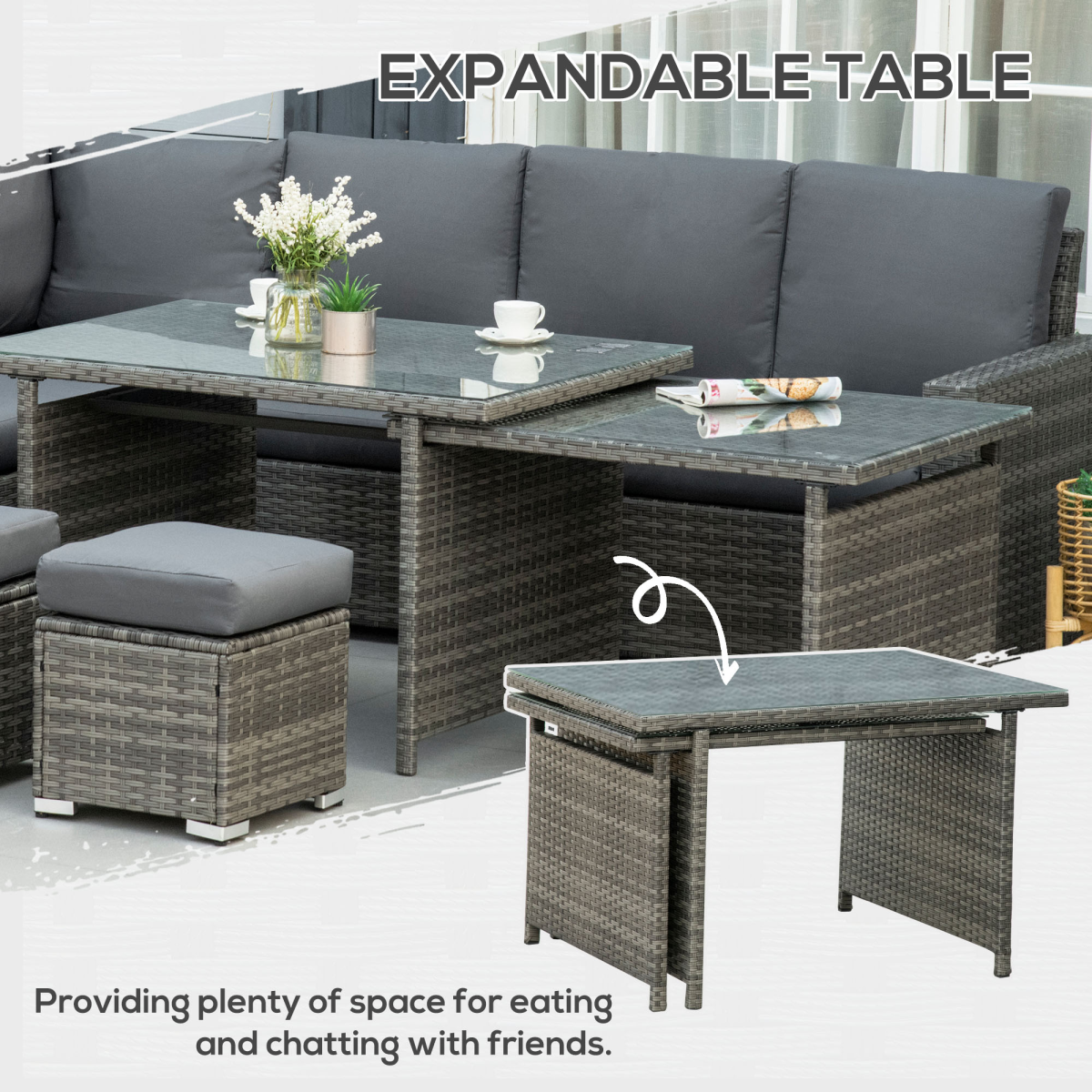 Outsunny 7-Piece Rattan Garden Sofa Set for 10 with Cushions, Footstools & Expandable Glass Table – Outdoor Sectional