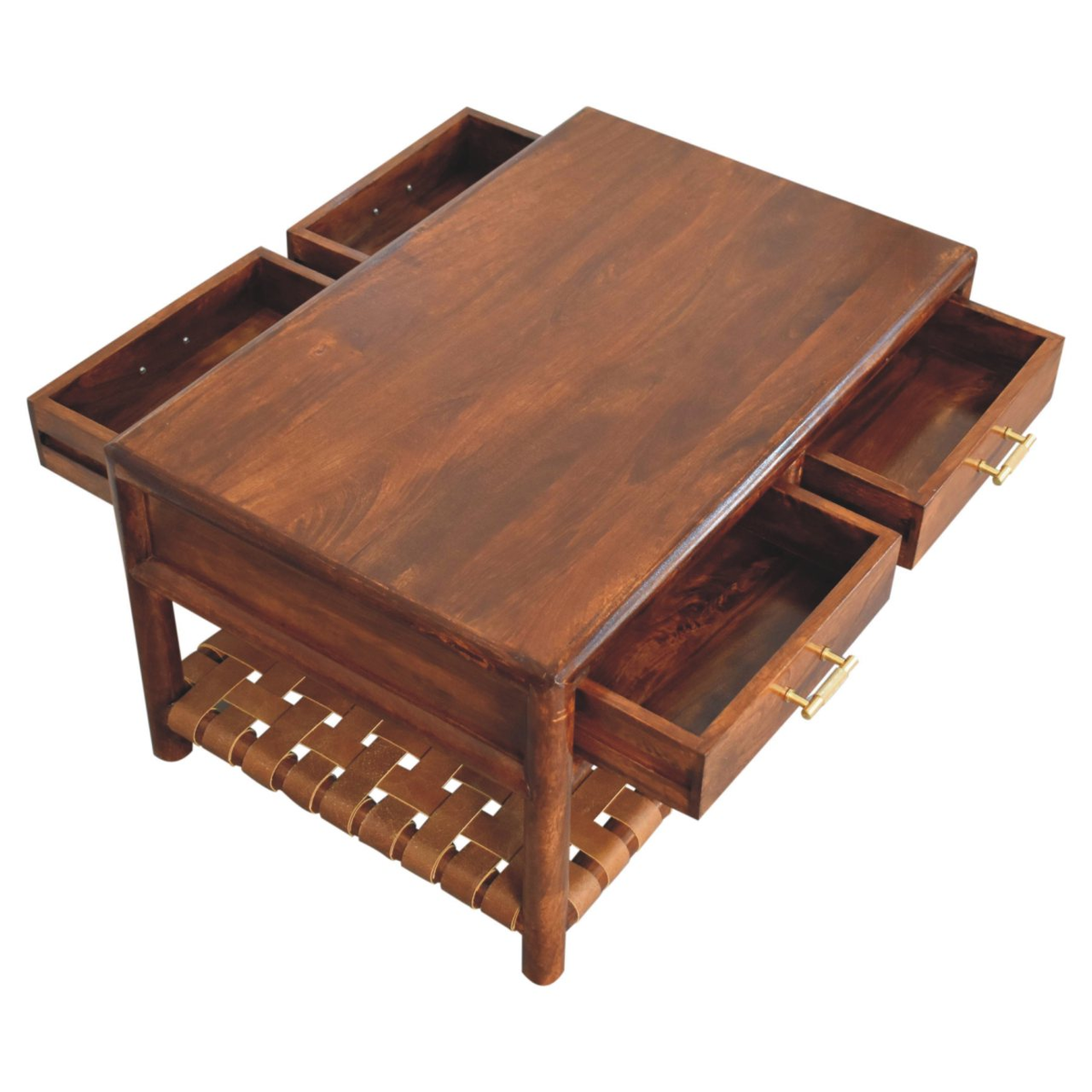 Artisan Furniture Solid Mango Wood Regency Woven Console Table with 4 Drawers – Entryway Storage, Dark Brown