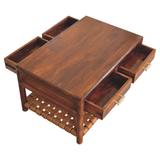 Artisan Furniture Solid Mango Wood Regency Woven Console Table with 4 Drawers – Entryway Storage, Dark Brown