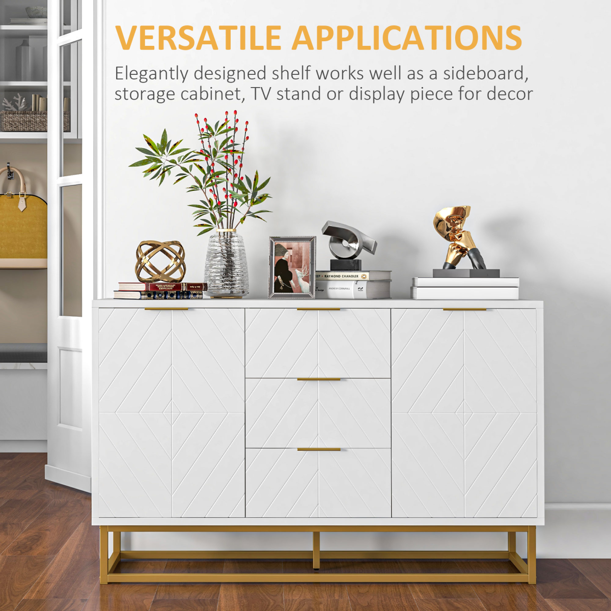 Modern Freestanding Storage Cabinet with 3 Drawers, Cupboard & Gold Base – Dining, Living Room & Bedroom