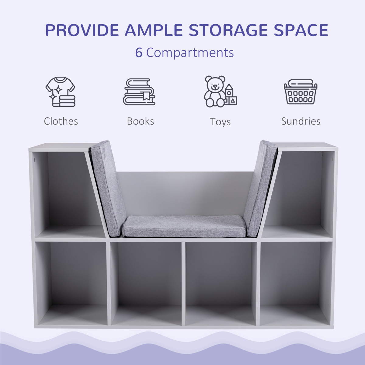 HOMCOM Kids Cabinet with Six Compartments and Cushioned Seat – Toy, Book & Clothes Storage, Grey