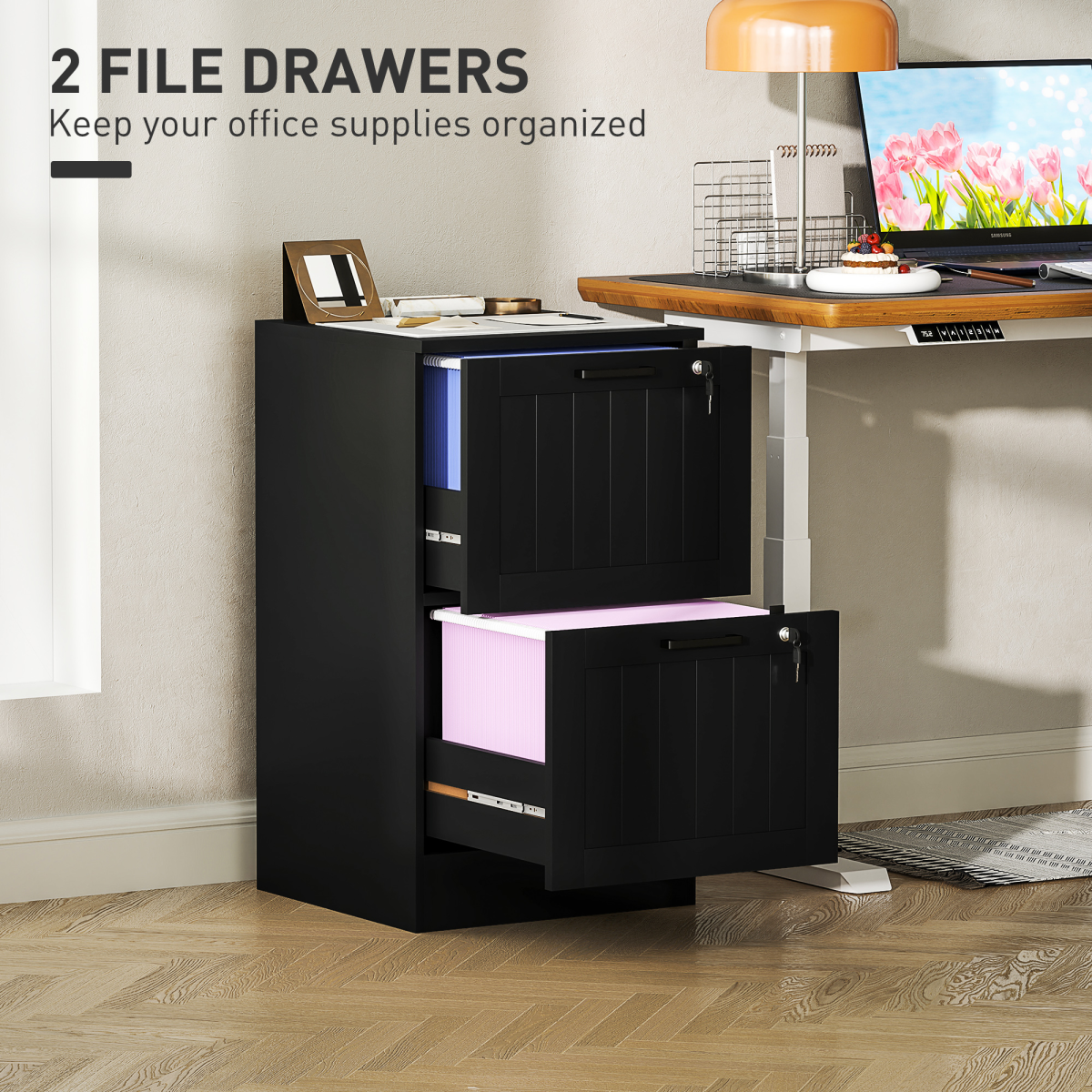 HOMCOM 2 Drawer File Cabinet with Lock and Adjustable Hanging Bars – A4 and Letter Document Storage, Black
