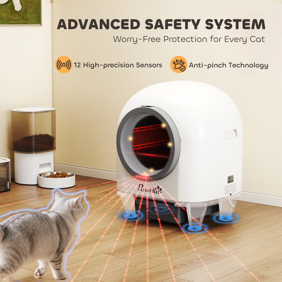 Self-Cleaning Cat Litter Box with App Control, 12 Safety Sensors & 80L Capacity – Automatic Scooping, White & Grey