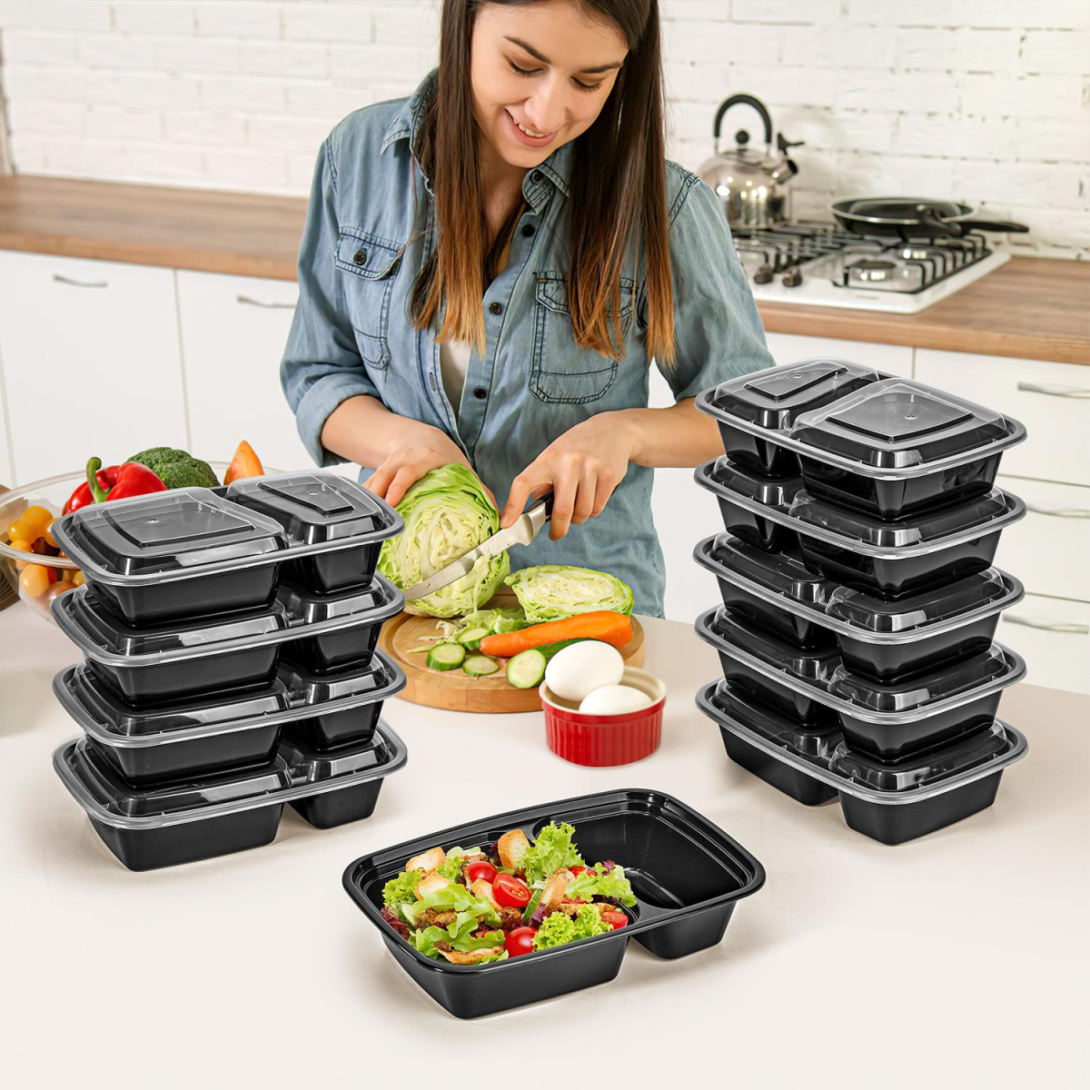 Vinsani 30 Pack Meal Prep Containers, 2 Compartments, 30oz with Airtight Lids – Microwave & Freezer Safe