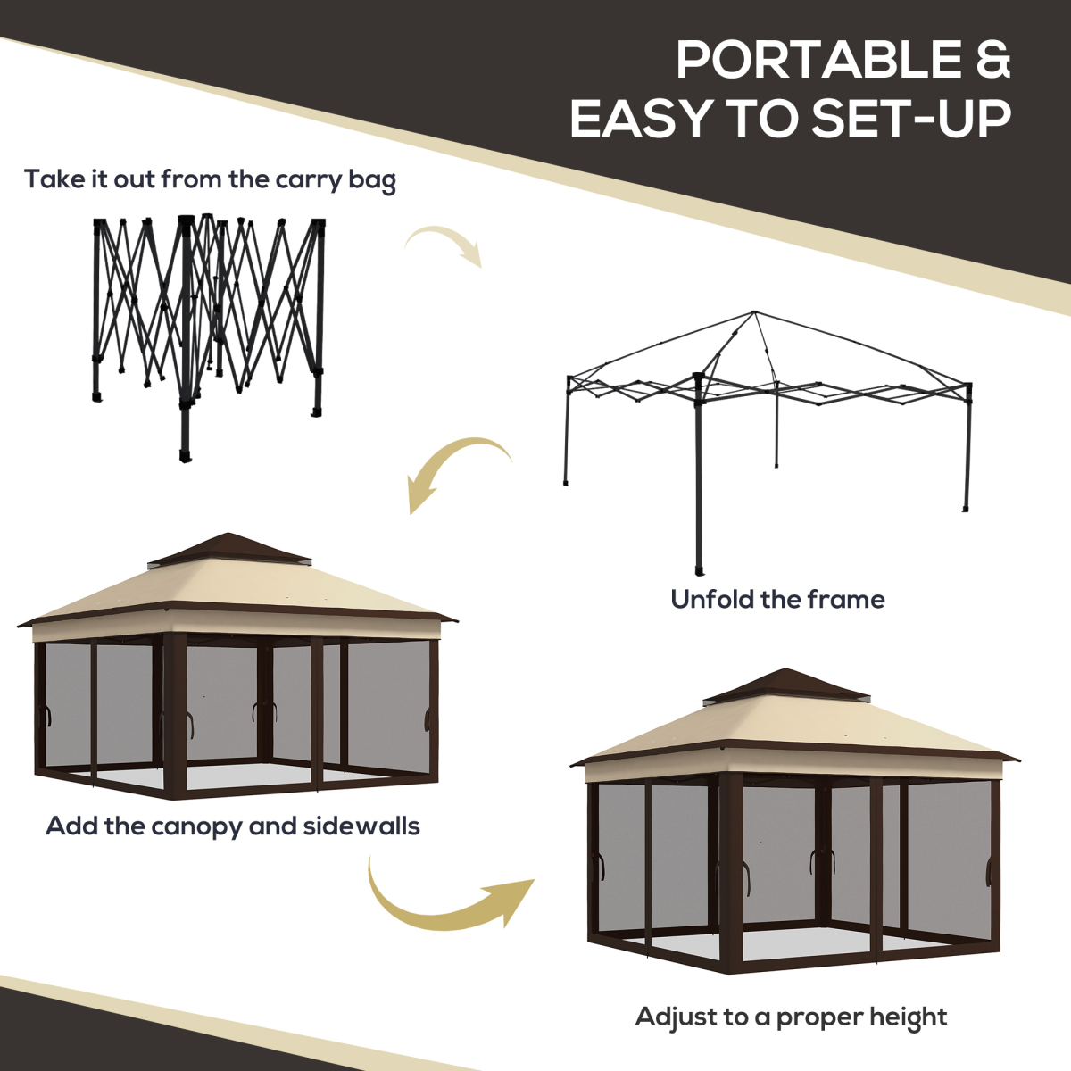 Outsunny 3x3m Pop Up Gazebo with UV30+ Canopy, Mesh Curtains & Adjustable Height – Garden Shelter, Beige