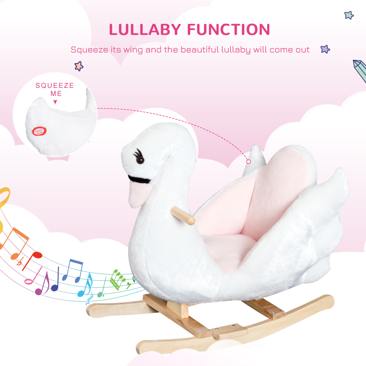 HOMCOM Kids Ride-On Rocking Swan with Music and Safety Seat – Plush Toddler Rocker, 18 Months+